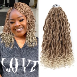 Blonde Crochet Hair for Black Women Wavy Senegalese Twist Crochet Hair 12 Inch Short Pre Looed Crochet Kinky Twists 8 Packs 2 Tone Crochet Braids with Curly Ends（12 Inch,27/613）