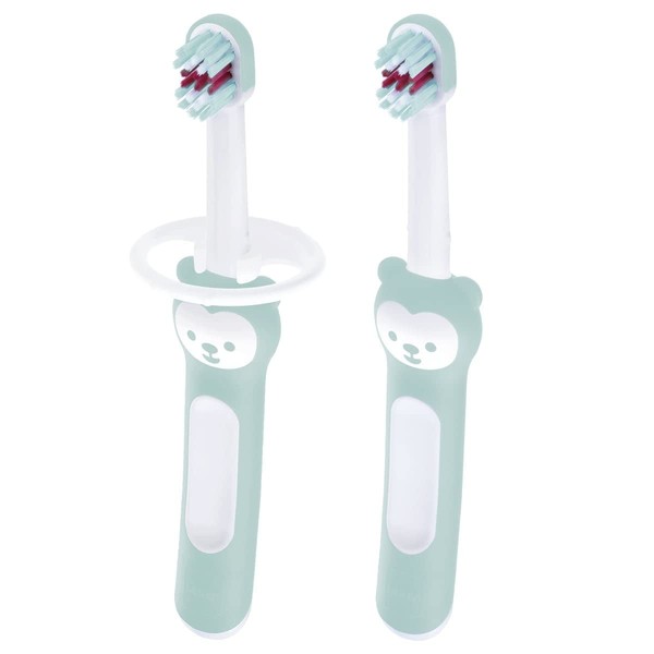 MAM Learn to Brush Set, Two Baby Toothbrushes With Safety Shields, Ideal for Teaching Dental Hygiene to Infants, Baby Training Toothbrush, Sage