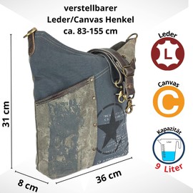 Sunsa Damen Umhängetasche. Hobo Tasche aus Canvas/Leinwand & Leder. Groß Vintage Stil Crossbody Bag mit Stern & mehreren Fächern. Nachhaltige Handtasche als Geschenkideen für Frauen