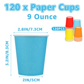 AKOLAFE 120PCS Paper Cups Bulk 9 Ounce Disposable Party Cups 250 ml Biodegradable, Compostable Drinking Cups Small Pink, Red, Blue, Green, Yellow, Orange, Paper Cups for Party, Birthday Supplies