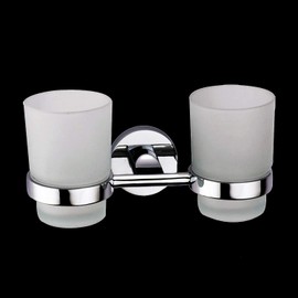 Toothbrush Glass Tumbler with Stainless Steel Holder Wall Mount Chromed