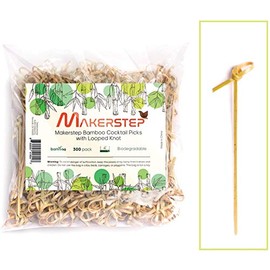 Makerstep Bamboo 4 inch Cocktail Picks, 300 Pack with Looped Knot, Natural Biodegradable Long Disposable Wood Toothpicks Skewers, Safe Natural Resource