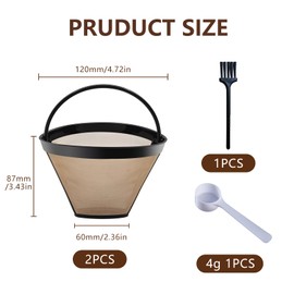 Janety Pack of 2 Coffee Filters, Reusable Coffee Filter, Coffee Filter Size 4, for 8-12 Cups of Coffee, with Spoon and Brush, Gold Tone Filter Coffee Permanent Filter