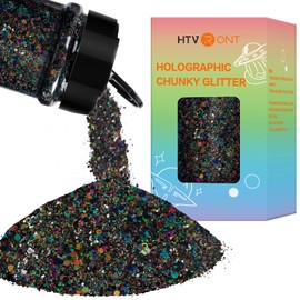 HTVRONT Black Glitter Chunky Glitter - 200g/7oz Holographic Glitter for Crafts, Iridescent Glitter for Resin, Chunky Mixed Fine Glitter, Craft Glitter for Nail Body Hair Tumbler Cosmetic Festival