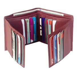 Bullz Genuine Nappa Cow Leather Thick Dual Credit Card ID Flap Quad Fold Large Bifold Mens Wallet Passcase RFID (Burgundy)