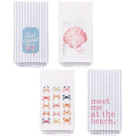Yomisex Blue Pink Coastal Kitchen Towels, Meet Me Beach Seashell Crabs Decorative Hand Towels for Bathroom Decor, Beachy Aesthetic Nautical Dish Tea Towels for Kitchen, 16x24 Set of 4