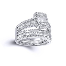 Jewelco London Ladies Rhodium Sterling Silver Round & Baguette CZ Shoulder-set 3-Row Solitaire-style Bridal Set Rings