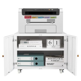 Metal Printer Stand with File Storage Cabinet, Printer Cabinet File Cabinet On Wheels with Door and Adjustable Shelf, Printer Table Stand for Home Office 17.72" H White