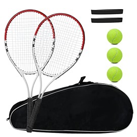 Tennis Racket Pre-Strung Lightweight 27 Inch Racquet Recreational Adult Rackets for Men Women Students Training Tennis Starter Kit with Balls,Carry Bag and Overgrips (Red/White - 2 Rackets)