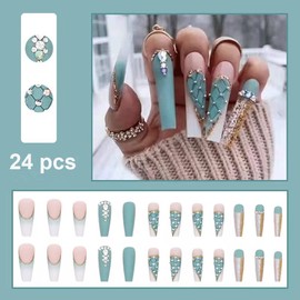 Magrace Blue Press on Nails Long Coffin Fake Nails with Rhinestone French False Nails Press on 24 pcs Stick on Nails for Women and Girls
