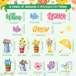 45 Pcs Spring Floral Cutouts Flower Potted Butterfly Bulletin Board with 100 Pcs Glue Points When We Learn We Grow Classroom Decoration Set Wall Decals for School Party Teacher Supplies