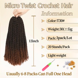 LPARMJIT Micro Twist Crochet Hair 8 Inch Pre-Looped Curly Mini Passion Twist Crochet Hair Mini Senegalese Twist Crochet Hair Synthetic Hair Extensions (T30, 12 Inch (3 Pack)