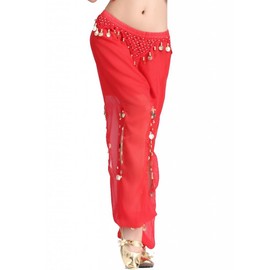 ZLTdream Women's Belly Dance Coins Lantern Pants Red