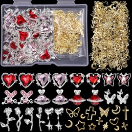 320 Pcs Heart Nail Charms and Gems Rivet, Alloy 3D Butterfly Planet Nail Charms Rhinestones, Silver Rose Nail Jewelry Charms for Nails Art Design Accessories