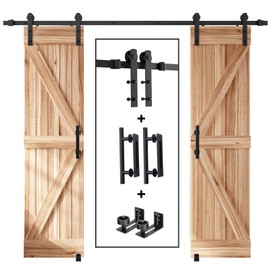 EaseLife 8 FT Double Sliding Barn Door Track and Handle Hardware Kit,Straight Pulley,Slide Smoothly Quietly,Easy Install (8FT Track Kit for 20"~24" Wide Double Door)