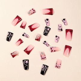 FIEONCIY Press on Nails Duck Shape Glossy Full Cover Medium Acrylic French False Nails with Designs Artificial Duck Fake Nails with Charms Glue ons Nails Stick on Fingernails for Women(A40402)