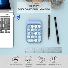 Teclado numérico inalámbrico 18 teclas con mini almohadilla de número silencioso portátil de 2.4 G, receptor USB, extensiones de teclado de contabilidad financiera para computadora portátil(Azul Mix)