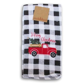 Christmas Time Festive 100% Cotton Christmas Holiday Kitchen Tea Towel - 15 x 24 Inches (Little Red Truck on Black/White Buffalo Check)