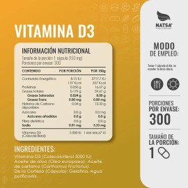 Vitamina D3 5000 UI 300 caps, Refuerza sistema Inmune, Calcio para Huesos y Dientes, Funcionamiento Muscular, Calidad Premium