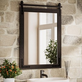 TETOTE Black Wood Framed Bathroom Vanity Mirror 24” x 36” Rustic Farmhouse Barn Door Natural Solid Wooden Mirror for Living Room Entryway, Waterproof, Fully Assembled