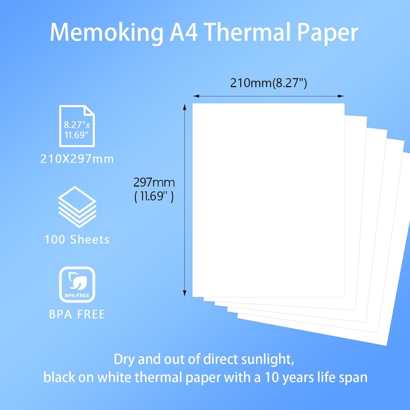 Thermal Printer Paper A4-8.27"×11.69" (210x297mm) Compatible with Phomemo M08F/M832/M833/M834/M835 Thermal