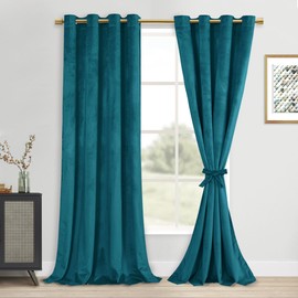DWCN Teal Velvet Blackout Curtains - 90 Inches Long Tieable Window Curtains Panels Grommet Design Thick Fabric Thermal Insulated Window Dressing for Theater/Den/Dorm/Dining, W52 x L90, 2 Panels