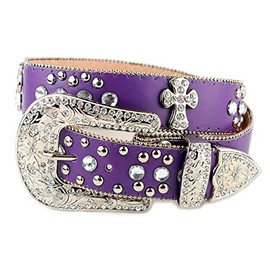 NYFASHION101 Cross Charm Rhinestone Stud Genuine Leather Belt (X-Large, Purple)