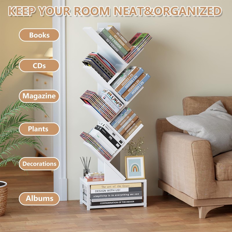 EasyCom Tree Bookshelf Metal Base, 7 Tier Bookcase Storage, Floor
