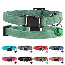 Murom Breakaway Cat Collar Leather Soft Adjustable Pet Kitten Collars with Bell Pink Brown Blue Green Red (Green)
