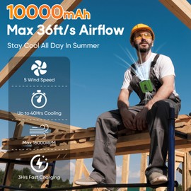 10000mAh Portable Waist Fan Up to 40H Cooling, 16000 RPM 5 Speeds Powerful Airflow, Rechargeable Hands-Free Neck Fan, Clip on Wearable Belt Fan with LED Light for Outdoor, Travel, Farms, Jobsite