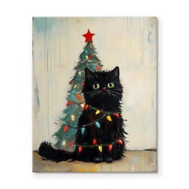 Christmas Canvas Wall Art Decor - Cute Black Cat Wrapped in Christmas Lights, Holiday Cat Décor with Christmas Tree Background, 8X10 inch Festive Animal-Themed Artwork for Living Room or Office