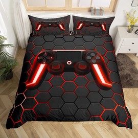 Gamer Bed Linen Set for Boys, 2-Piece Gaming Duvet Cover Set, 135 x 200 cm, Video Games, Gamepad Controller, Geometric, Honeycomb Design, for Children’s Room, Teens, Boys. with 1 Pillowcase
