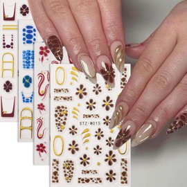 Fall Nail Art Stickers Flower Nail Decals Gold Lines Sticker for Nails Designs Red Brown Blue Nail Stickers 3D Self-Adhesive Nail Decoration for Women Nail Art Supplies 4 Sheets