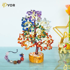 Crystal Tree - 7 Chakra Stones - Gemstone Wall Hanger - Wire Bonsai Tree of Life - Crystal Decor - Feng Shui Crystals Peaceful Gifts Home Decor Desk Decoration