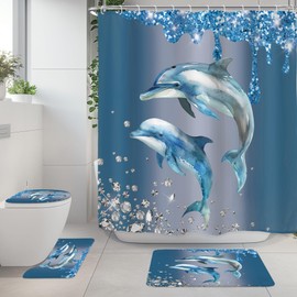 Riyidecor Dolphin Beach Kids 4Pcs Bathroom Shower Curtain Sets Ocean Sparkle Shimmer (No Glitter) Bathroom Decor Set with Rugs and Accessories Toilet Lid Rug, Contour and Bath Mat with 12 Hooks