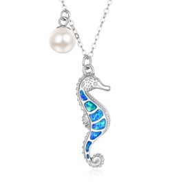 AENEAS Seahorse Necklace Sterling Siver Seahorse Ocean Pendant Jewellery Single Pearl Necklace Seahorse Gifts for Women Girls, Sterling Silver, Opal Pearl