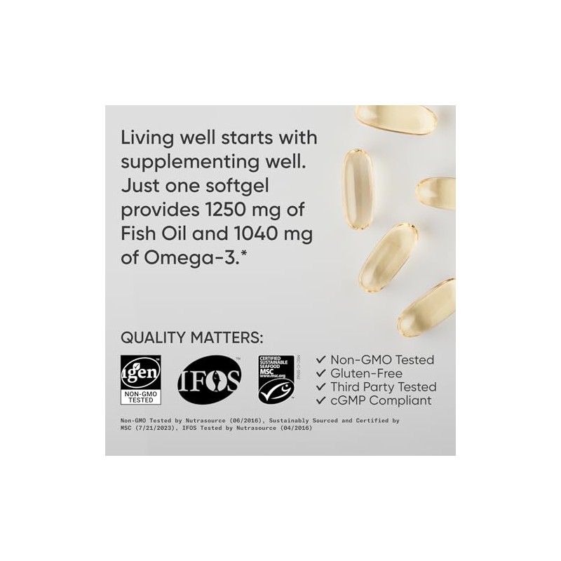 Omega-3 Fish Oil 1250mg (Triple Strength) 180 gelcaps Contains the