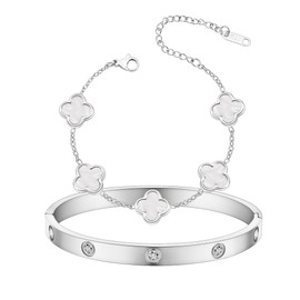 KIOGIU Women's Bracelet Gold Plated Cuff Bangle Clover Bracelet Set for Women Four Leaf Lucky Bracelets Jewelry oval Bangle Witness the Gift of Love (Silver-A, Large 7.2")