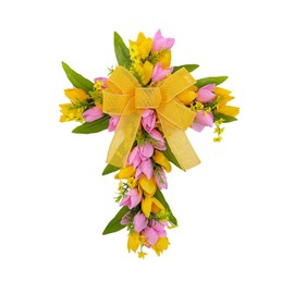 Artificial Floral Cross Wreath for Christian Easter Decor, Hanging Tulip Wreath for Front Door Wall, Ribbon Spring Wreath for Wedding (Yellow, 17.7" L*13.8" W*1.6" H)