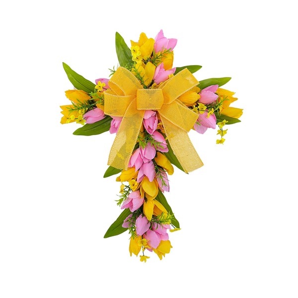 Artificial Floral Cross Wreath for Christian Easter Decor, Hanging Tulip
