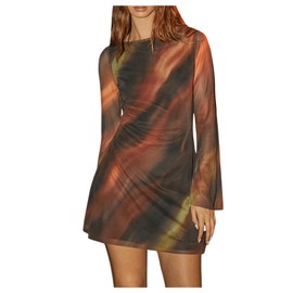 Women's Vintage Tie Dye Bell Long Sleeve Dress Backless Tie Open Back Mesh Bodycon Mini Dresses Brown Large