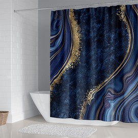 BEIFIVCL 4Pcs Luxury Marble Shower Curtain Sets, Bathroom Set with Curtain,Toilet Lid Rug, Contour Mat and Bath Mat, 12 Hooks for Sets Decor 72 x Inch, Navy Blue