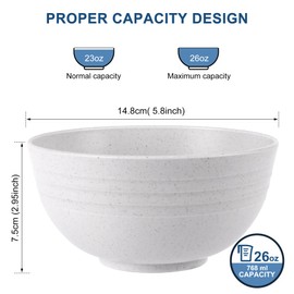 HOTEC Unbreakable Wheat Straw Cereal Bowls - Microwave & Dishwasher Safe Soup and Salad Bowls BPA Free, Set of 8, 26oz, White