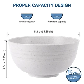HOTEC Unbreakable Wheat Straw Cereal Bowls - Microwave & Dishwasher Safe Soup and Salad Bowls BPA Free, Set of 8, 26oz, White