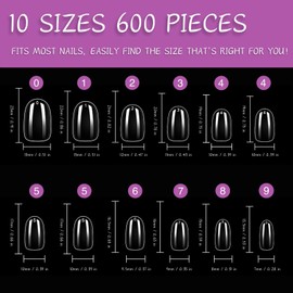 KEYRI Pack of 600 Short Oval Nail Tips, Full Cover Nails Tips for Nail Art Manicure and DIY Nail Studio, Acrylic False Nails for Gluing, Artificial Fingernails for Women, 10 Sizes