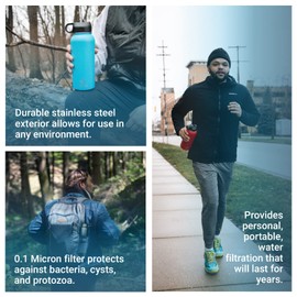 Uzima - Z-Source Filtered Water Bottle for Hiking, Backpacking, Camping, and Travel. Large 32oz Capacity with Double-Walled Stainless Steel Exterior. (Blue)