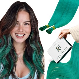 RUNATURE I Tip Hair Extensions Human Hair Teal Highlight Itips Hair Extensions Human Hair Turquoise Cold Fusion Keratin Tip Hair Extensions Silky Straight 16 Inch 20g 25 Strands