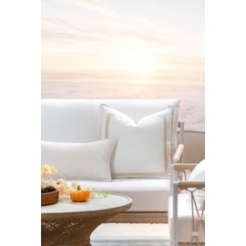 Hofdeco Premium Fall Coastal Patio Indoor Outdoor Lumbar Pillow Cover Only, 12"x20" Water Repellent for Backyard, Couch, Neutral Tan Stripe