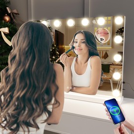 Gvnkvn Gvnkvn 22.8 x 18.2 Vanity Makeup Mirror with Lights, 10X Magnification,Large Hollywood Lighted Vanity Mirror with 15 Dimmable LED Bulbs, USB Charger Port, Tabletop or Wall-Mounted Gold