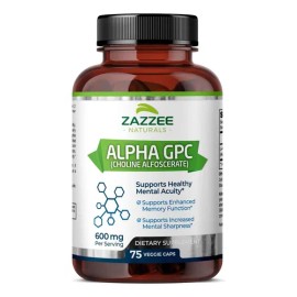 Zazzee Alpha GPC Colina 600 mg | 75 cápsulas | Mejora memoria, enfoque y función cerebral | Alta absorción